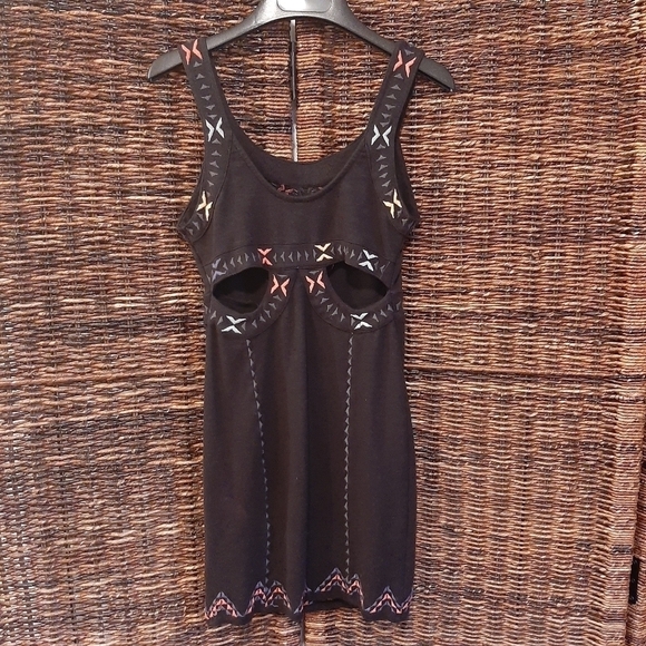 Free People Song Of The South Embroidered Bodycon Mini Dress Black Small Cut Out - Picture 5 of 7